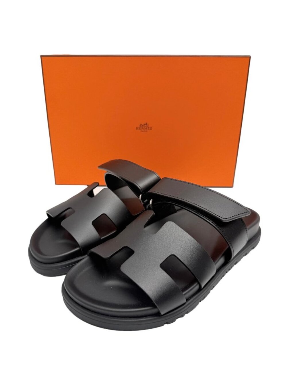HERMES Black Calfskin Chypre Velcro Strap Sandals Sz 7